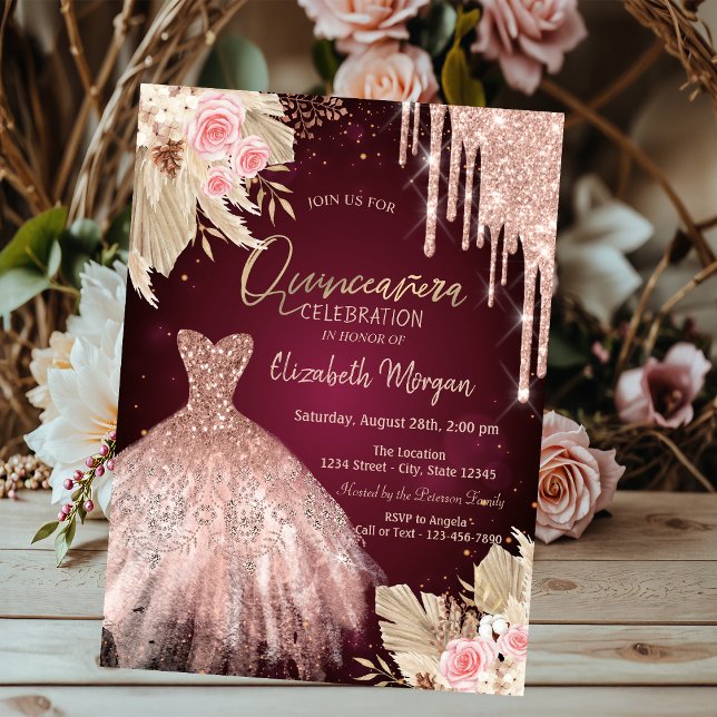 Glitzer Tropfen Dress Blume Burgundy Quinceañera Einladung (Von Creator hochgeladen)