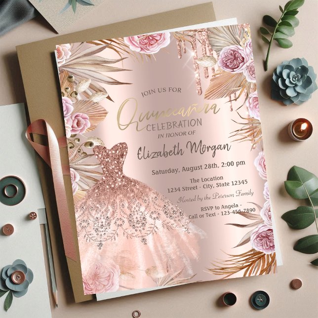 Glitzer Tropfen Dress Pampas Blume Quinceañera Einladung (Von Creator hochgeladen)
