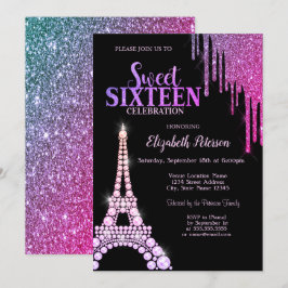 Glitzer-Tropfen, Eiffelturm Schwarzer Sweet 16 Einladung