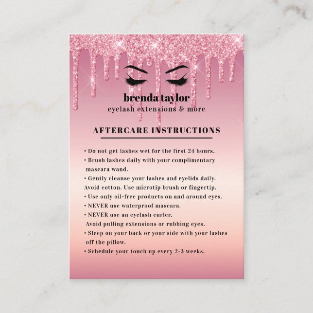 Glitzer Tropfen Eyelash Aftercare Instruktionen  Visitenkarte (Vorderseite)