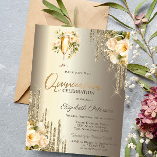 Glitzer Tropfen Floral Champagne Glass Quinceñera Einladung