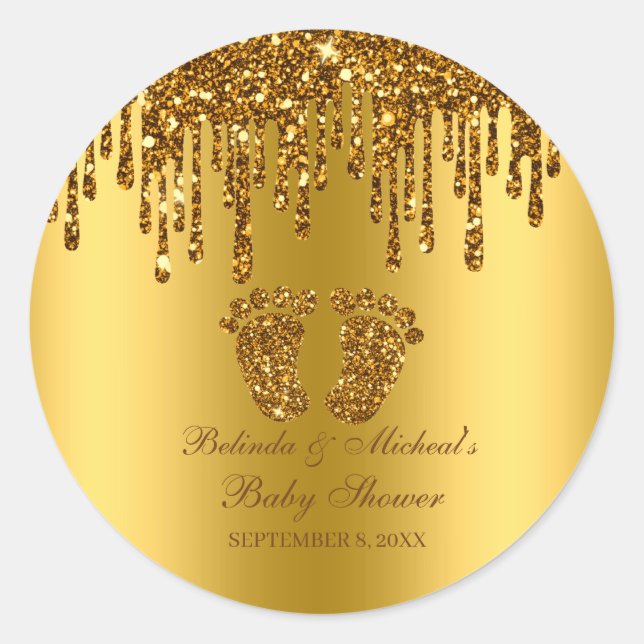 Glitzer Tropfen Gold Baby Feet Babydusche Runder Aufkleber (Vorderseite)