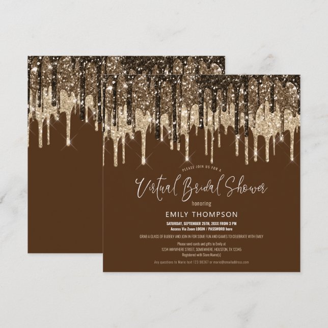 Glitzer Tropfen Gold Brown Virtual Brautparty Einladung (Vorne/Hinten)