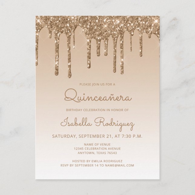 Glitzer Tropfen Gold Quinceñera Party Postkarte (Vorderseite)