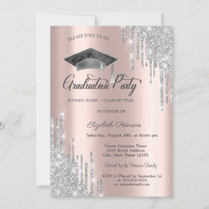 Glitzer Tropfen, Grad Cap, Rose Gold Abschluss Einladung