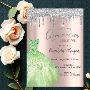 Glitzer Tropfen, Green Dress Rose Gold Quinceañera Einladung