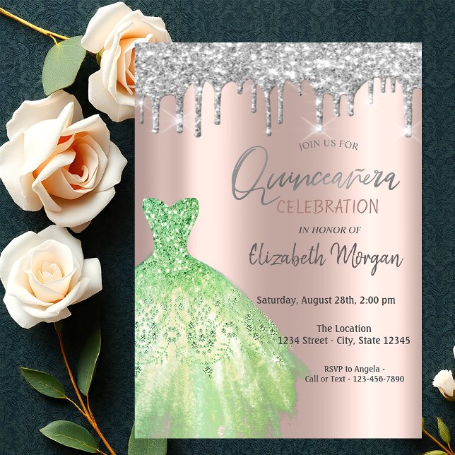 Glitzer Tropfen, Green Dress Rose Gold Quinceañera Einladung (Von Creator hochgeladen)