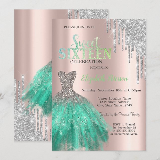 Glitzer Tropfen, Green Dress Rose Gold Sweet 16 Einladung (Vorne/Hinten)