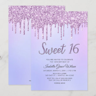 Glitzer Tropfen Holograph Lila Sweet 16 Birthday Einladung