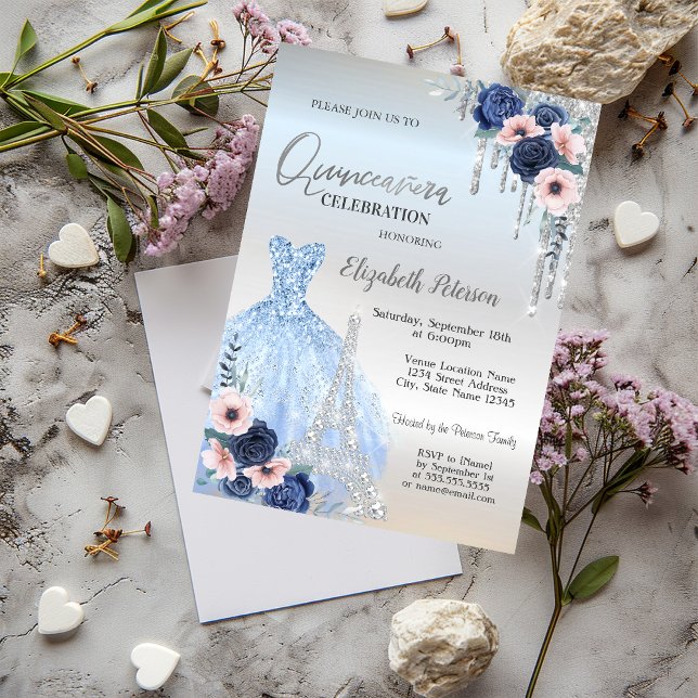 Glitzer Tropfen, Kleid, Blue Rose Quinceañera Einladung (Von Creator hochgeladen)