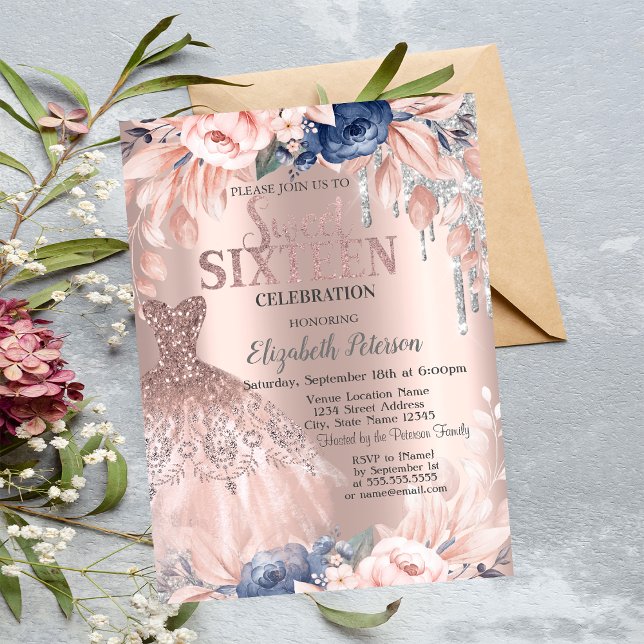 Glitzer Tropfen, Kleid, Blume Rose Gold Süße 16 Einladung (Von Creator hochgeladen)