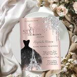 Glitzer Tropfen, Kleid, Eiffelturm Süß 16 Einladung<br><div class="desc">Elegantes schwarzes Kleid,  Diamanten Eiffelturm und silberne Glitzer-Tropfen auf einer Rose goldgelben Hintergrund.</div>