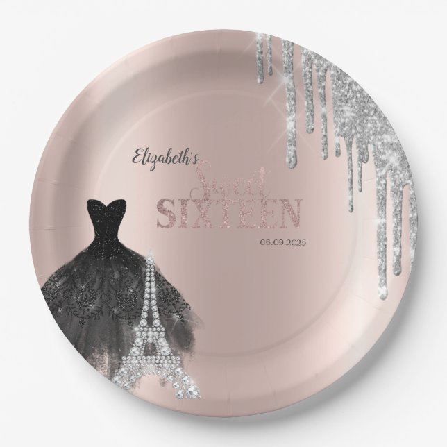 Glitzer Tropfen, Kleid, Eiffelturm Süß 16 Pappteller (Vorderseite)