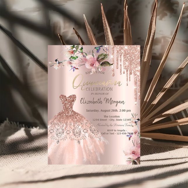 Glitzer Tropfen kleiden Frühlingsblumen Quinceañer Einladung (Von Creator hochgeladen)