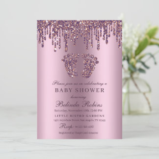 Glitzer Tropfen Lila Baby Feet Babydusche Einladung