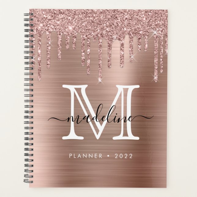 Glitzer-Tropfen Pinselmetall-Rose-Gold-Monogramm Planer (Vorderseite)