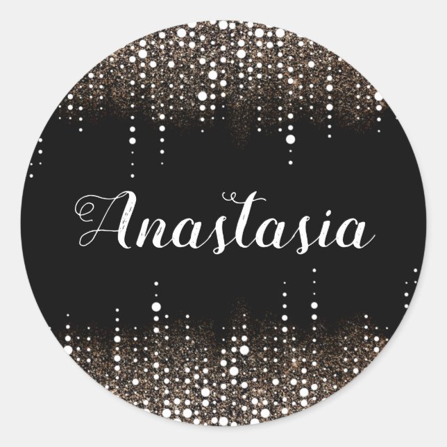 Glitzer tropfen Rain Golden Sequins Sparkle Schwar Runder Aufkleber (Vorderseite)