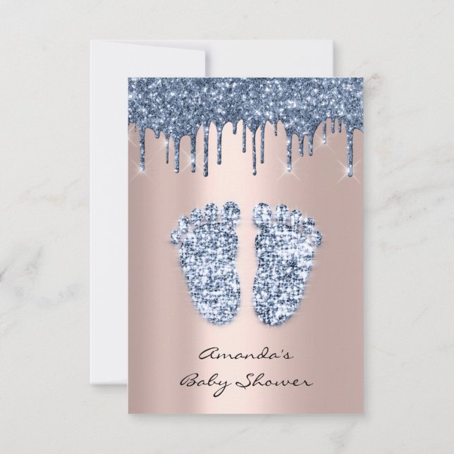 Glitzer Tropfen Rose Blue Baby Boy Dusche Feet Einladung (Rückseite)