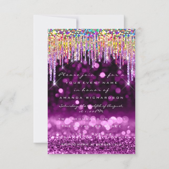 Glitzer Tropfen Rose Bridal 16. Rainbow Lila Einladung (Vorderseite)