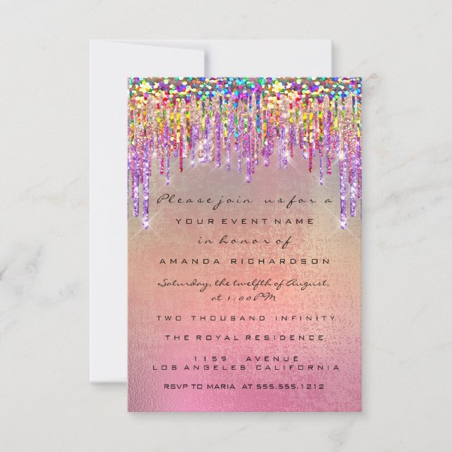 Glitzer Tropfen Rose Bridal 16. Rainbow Unicorn Einladung (Vorderseite)