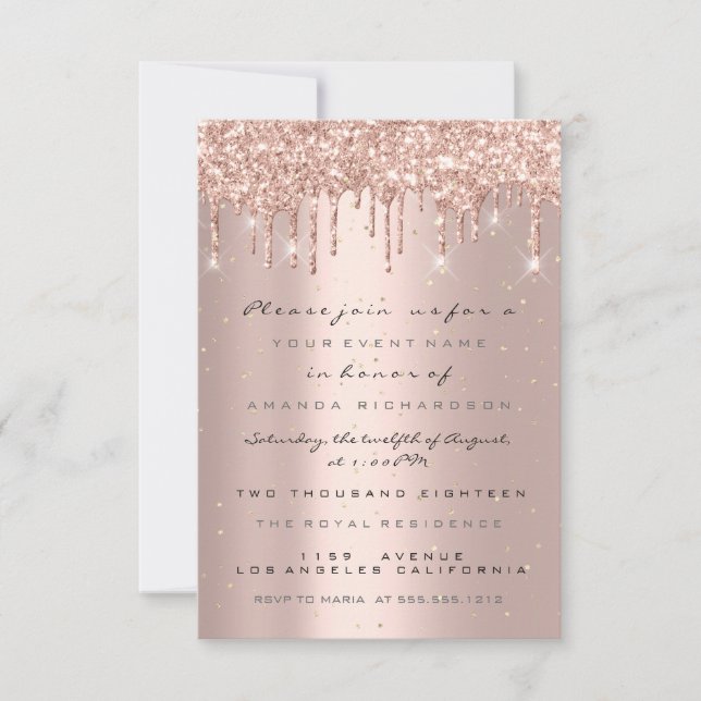 Glitzer Tropfen Rose Confetti Bridal Sweet 16. Einladung (Vorderseite)
