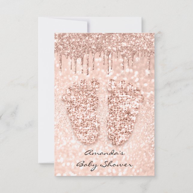 Glitzer Tropfen Rose Gold Baby Dusche Fußnote Einladung (Rückseite)