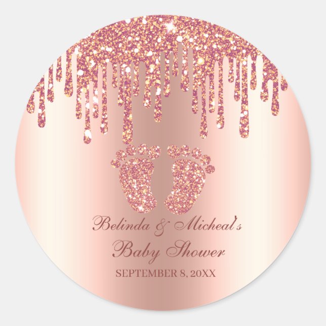 Glitzer Tropfen Rose Gold Baby Feet Babydusche Runder Aufkleber (Vorderseite)