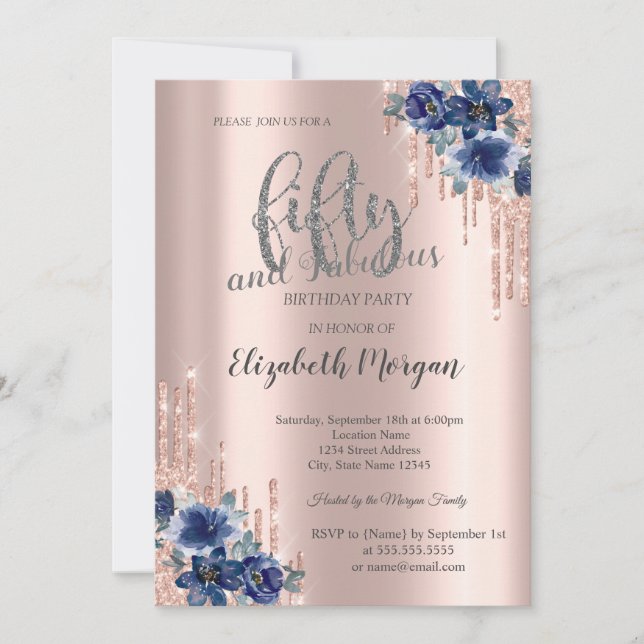 Glitzer Tropfen Rose Gold Blue Blume 50. Geburtsta Einladung (Vorderseite)
