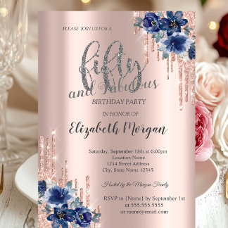 Glitzer Tropfen Rose Gold Blue Blume 50. Geburtsta Einladung