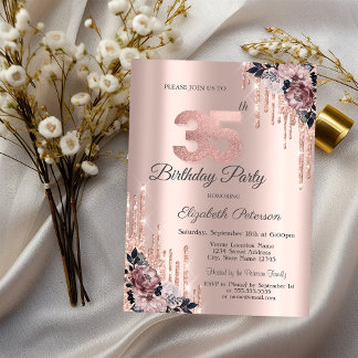 Glitzer Tropfen Rose Gold Blume 35. Geburtstag Einladung