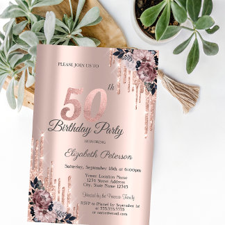 Glitzer Tropfen Rose Gold Blume 50. Geburtstag Einladung