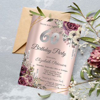 Glitzer Tropfen Rose Gold Floral 60. Geburtstag Einladung
