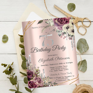 Glitzer Tropfen Rose Gold Floral 75. Geburtstag Einladung