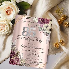 Glitzer Tropfen Rose Gold Floral 85. Geburtstag Einladung