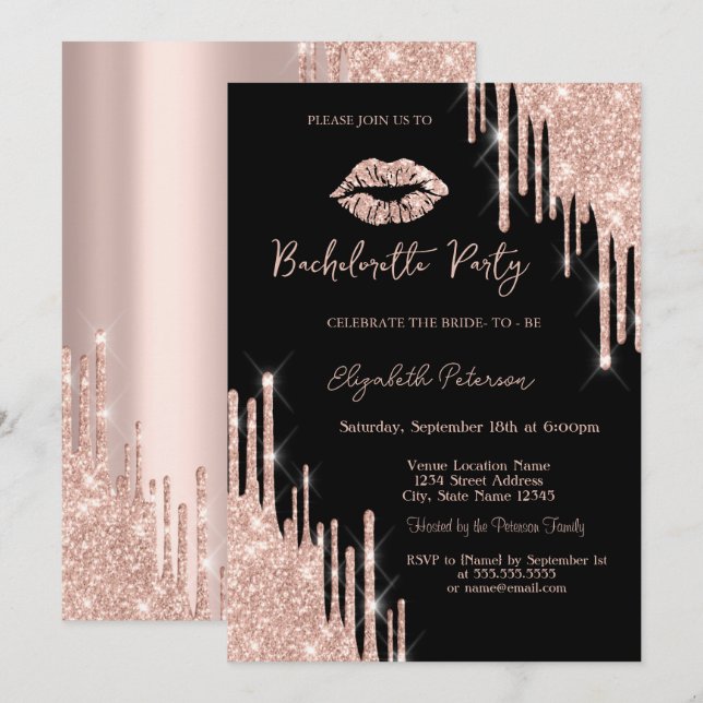 Glitzer Tropfen Rose Gold Lippen Schwarz Einladung (Vorne/Hinten)