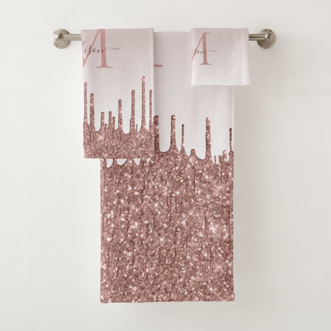 Glitzer Tropfen Rose Gold Monogram Feminine Script Badhandtuch Set (Insitu)