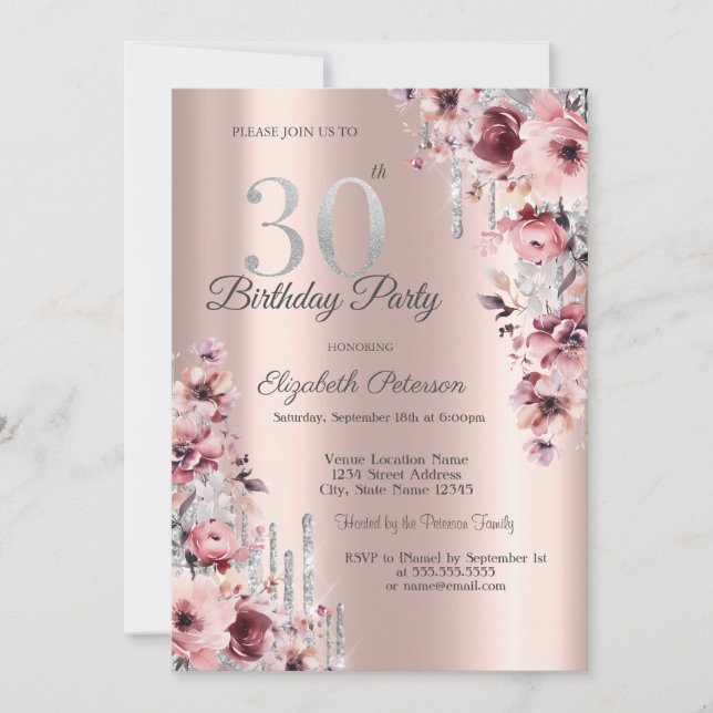 Glitzer Tropfen Rose Gold Pink Blüte 30. Geburtsta Einladung (Vorderseite)