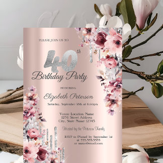 Glitzer Tropfen Rose Gold Pink Blüte 40. Geburtsta Einladung