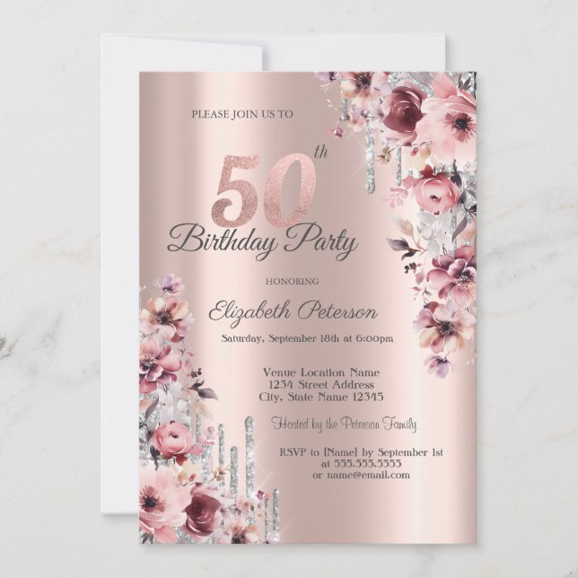 Glitzer Tropfen Rose Gold Pink Blüte 50. Geburtsta Einladung (Vorderseite)