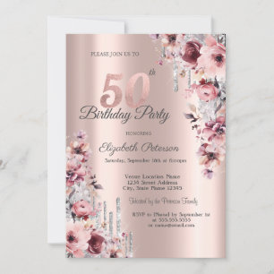 Glitzer Tropfen Rose Gold Pink Blüte 50. Geburtsta Einladung