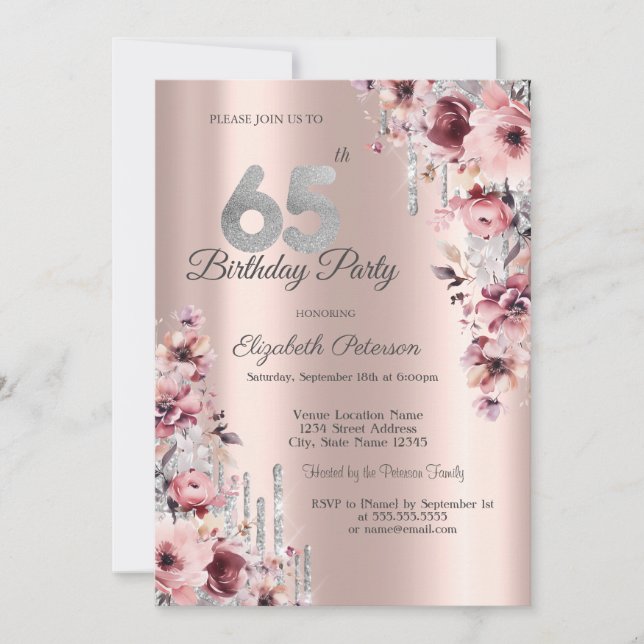 Glitzer Tropfen Rose Gold Pink Blüte 65. Geburtsta Einladung (Vorderseite)