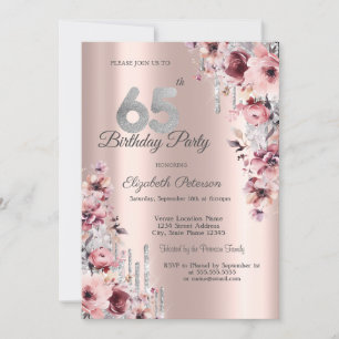 Glitzer Tropfen Rose Gold Pink Blüte 65. Geburtsta Einladung