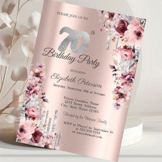 Glitzer Tropfen Rose Gold Pink Blüte 70. Geburtsta Einladung