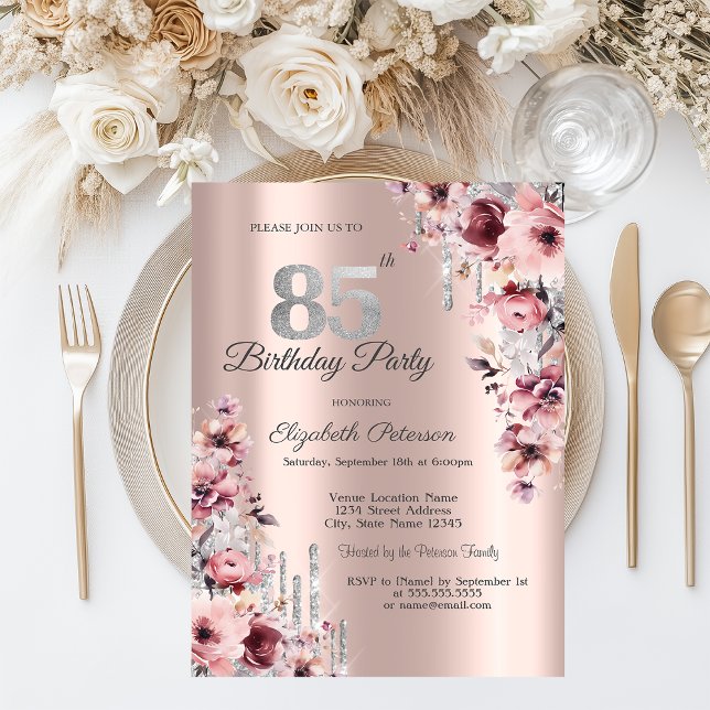 Glitzer Tropfen Rose Gold Pink Flora 85. Geburtsta Einladung (Von Creator hochgeladen)