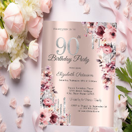 Glitzer Tropfen Rose Gold Pink Flora 90. Geburtsta Einladung