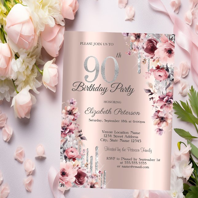 Glitzer Tropfen Rose Gold Pink Flora 90. Geburtsta Einladung (Von Creator hochgeladen)