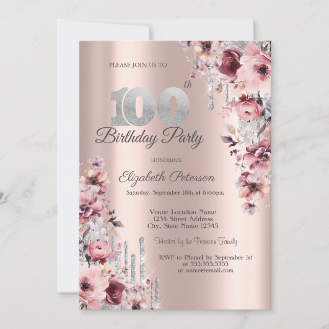 Glitzer Tropfen Rose Gold Pink Floral 100. Einladung (Vorderseite)