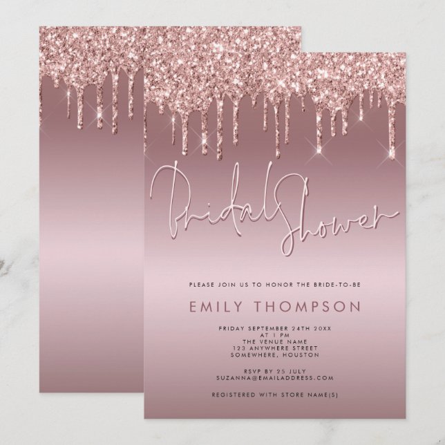 Glitzer Tropfen Rose Gold Script Brautparty Einladung (Vorne/Hinten)