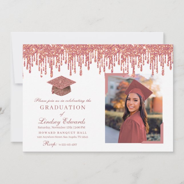 Glitzer Tropfen Rose Gold & White Abschluss Foto Einladung (Vorderseite)