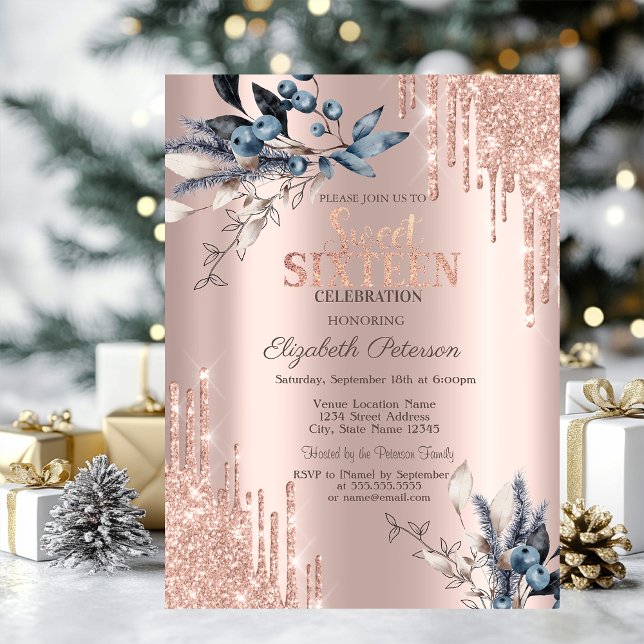 Glitzer Tropfen Rose Gold Winter Blume Süß 16 Einladung (Von Creator hochgeladen)